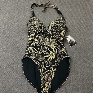 Island World Apparel Swim Suit Womens Size Medium M Black Beige Floral One Piece